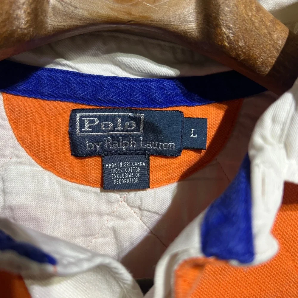 Polo Ralph Lauren Rugby Shirt Mens L Orange White Striped Quilted Short Sleeve